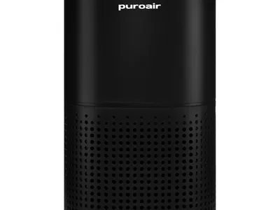 PuroAir 240 air purifier, cylindrical white tower, front product shot