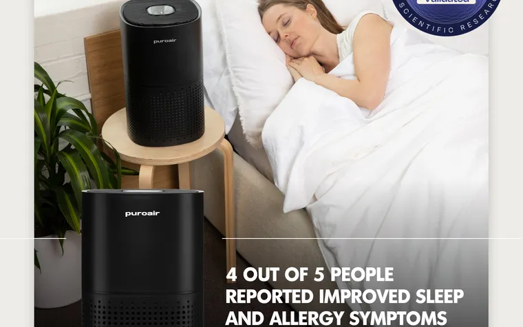 PuroAir 240 air purifier on a nightstand in a bedroom setting